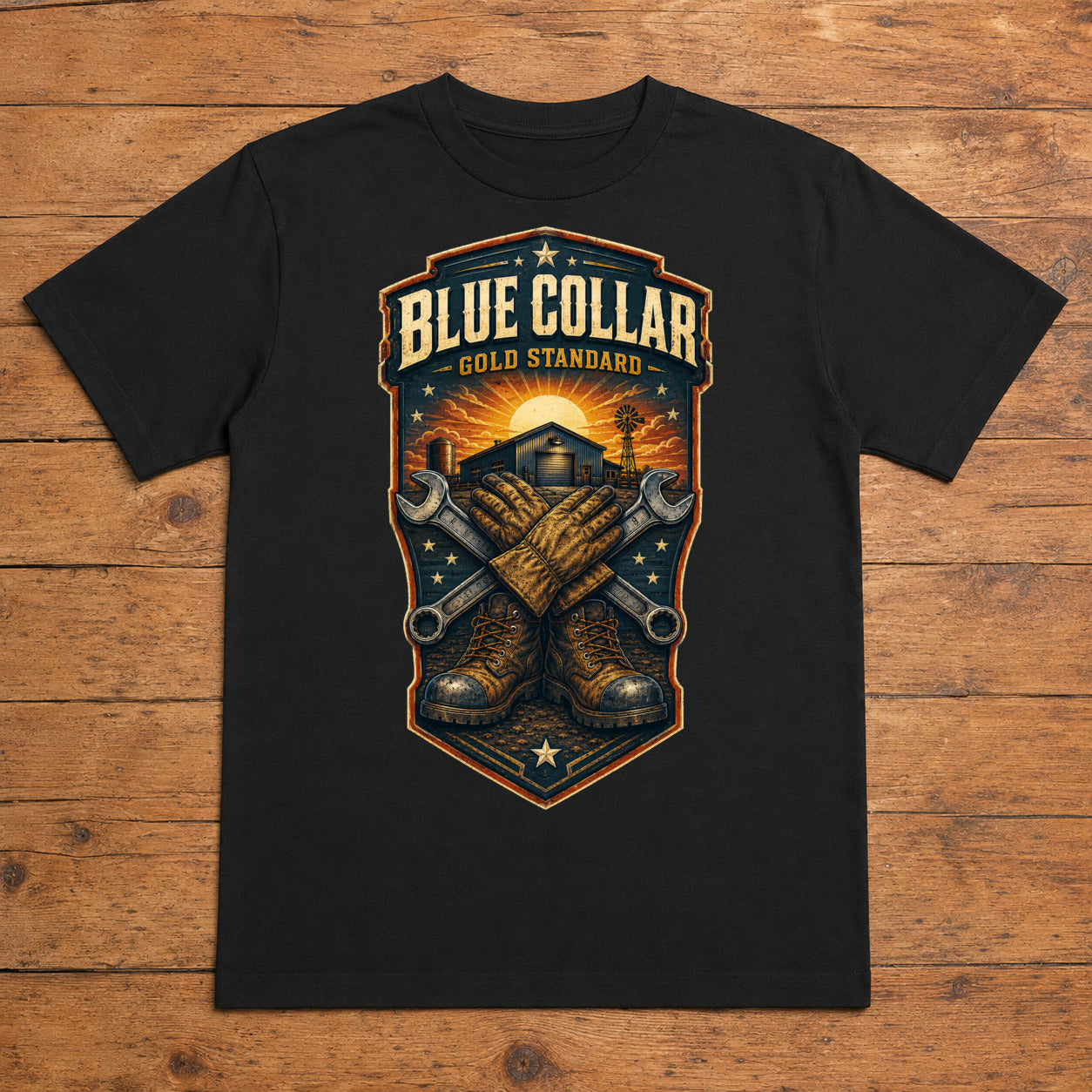 Blue Collar Gold Standard black blue collar country T-shirt flat lay with large back print