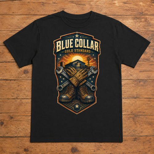 Blue Collar Gold Standard black blue collar country T-shirt flat lay with large back print