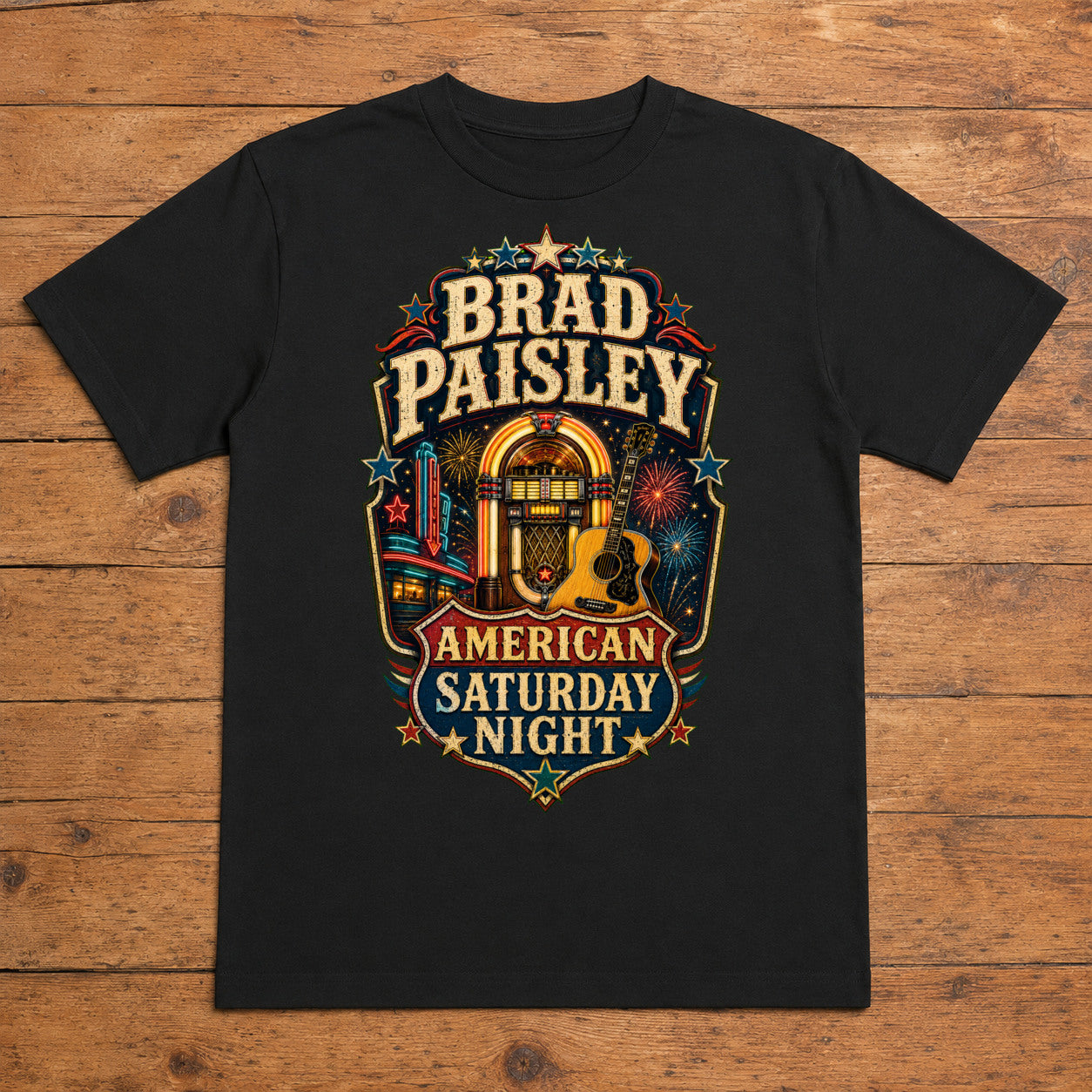 Brad Paisley American Saturday Night black DTF T-shirt flat lay with large back print