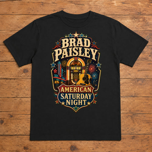 Brad Paisley American Saturday Night black DTF T-shirt flat lay with large back print