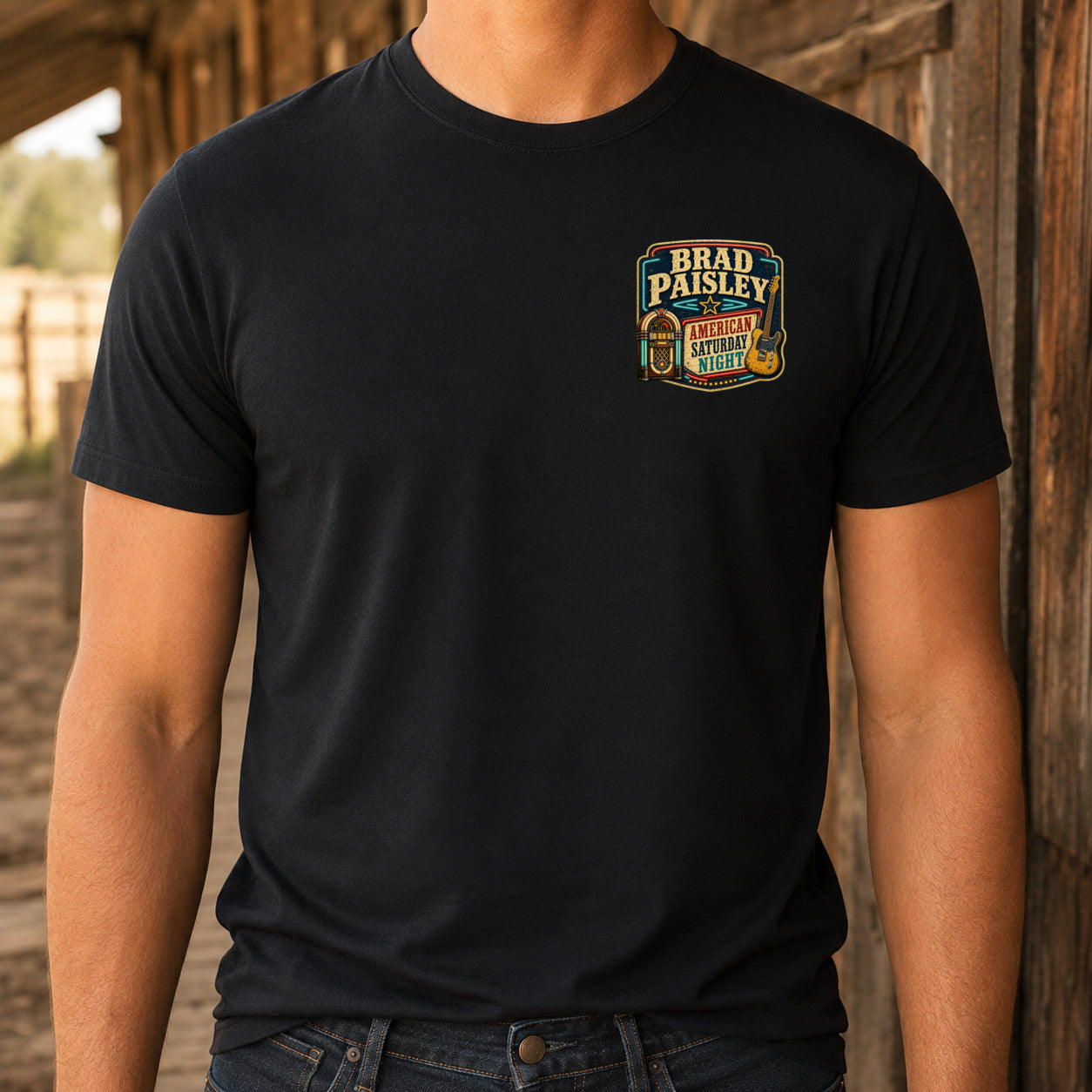 Brad Paisley American Saturday Night matching front left-chest DTF print close-up