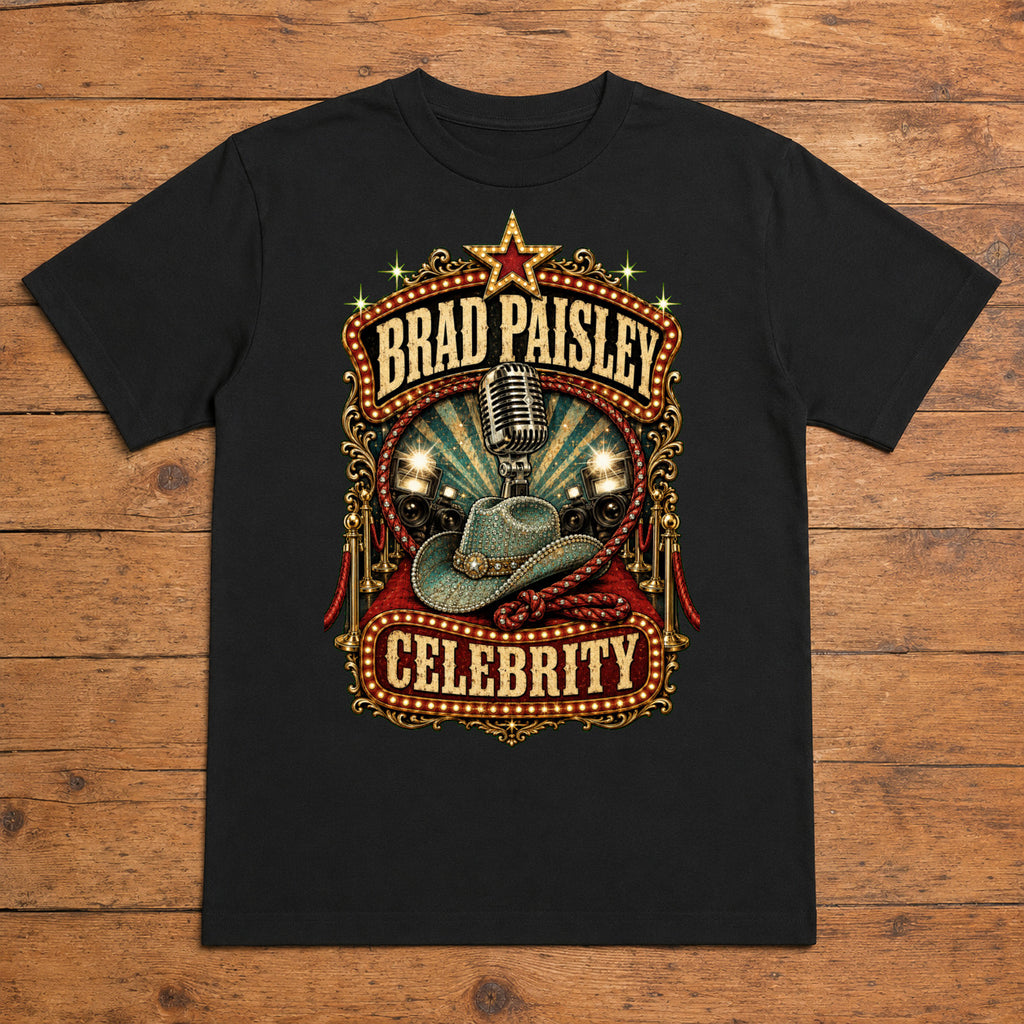 Brad Paisley Celebrity black DTF T-shirt flat lay with large back print