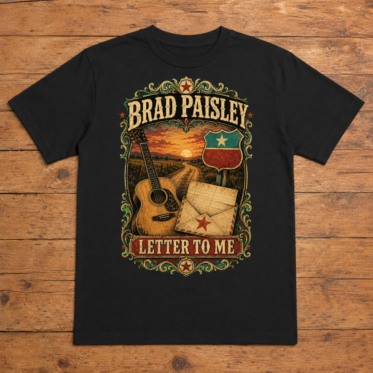 Brad Paisley Letter to Me black DTF T-shirt flat lay with large back print