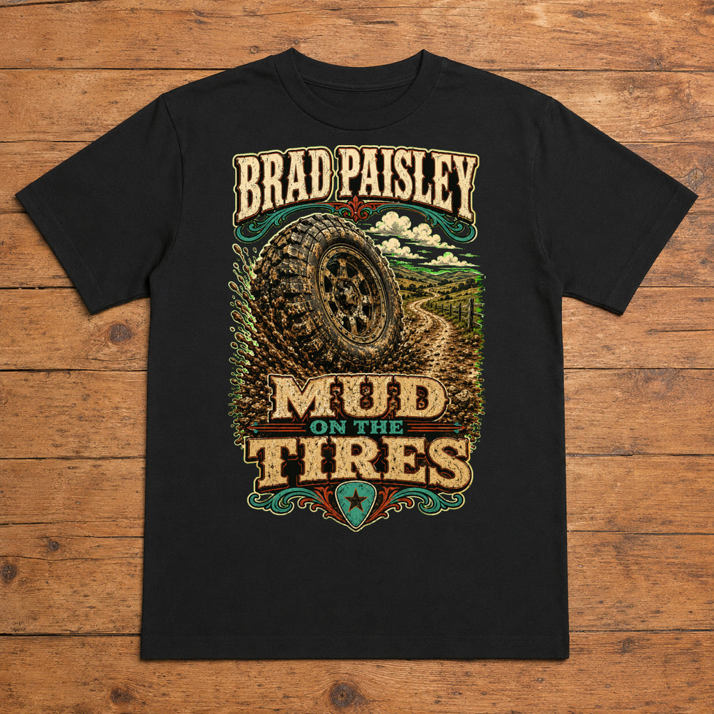 Brad Paisley Mud on the Tires black DTF T-shirt flat lay with large back print