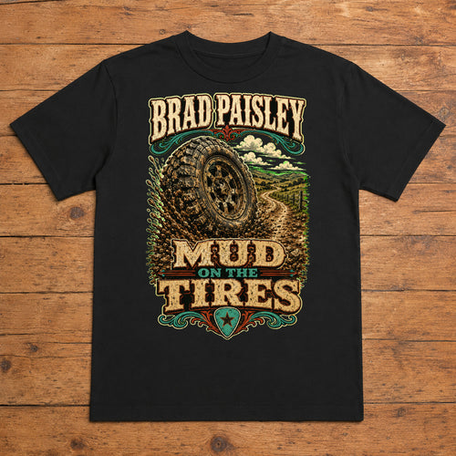 Brad Paisley Mud on the Tires black DTF T-shirt flat lay with large back print