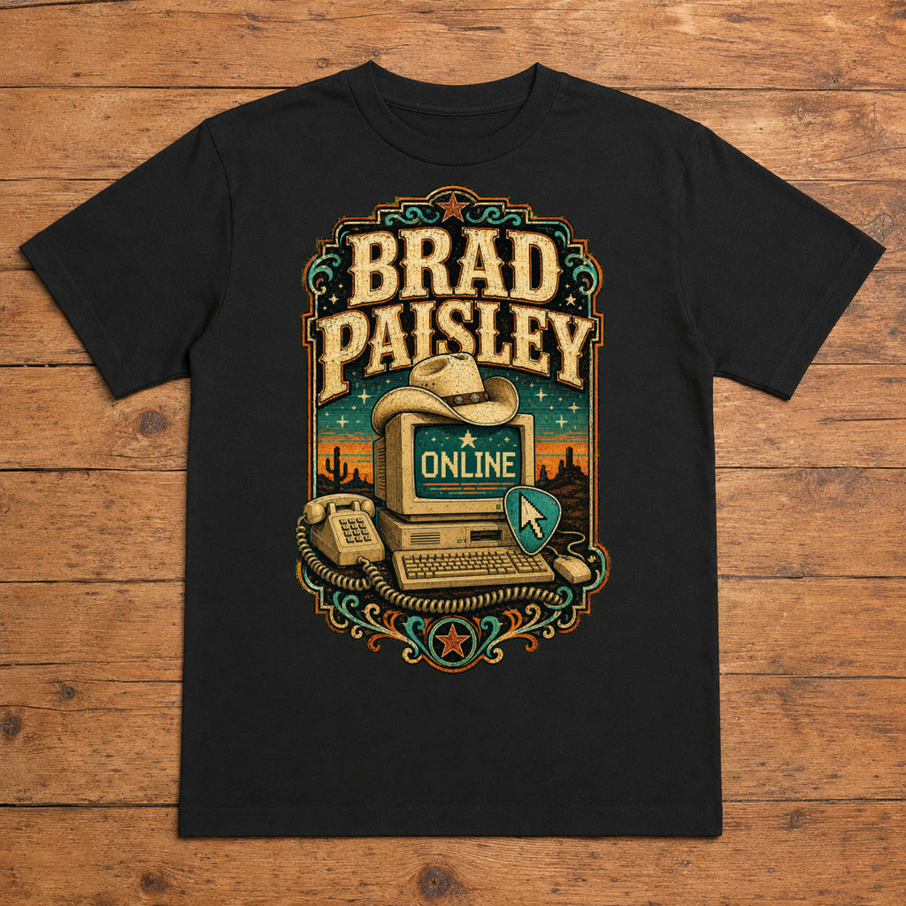 Brad Paisley Online black DTF T-shirt flat lay with large back print