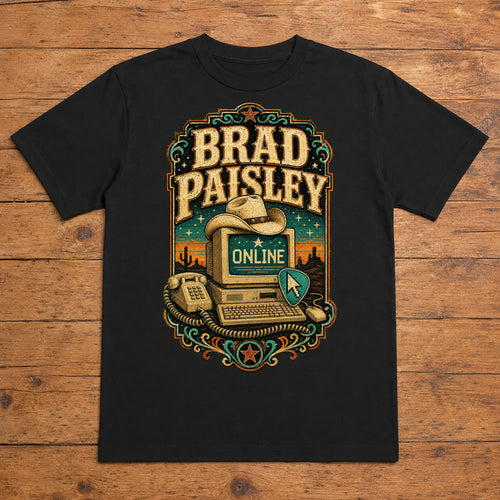 Brad Paisley Online black DTF T-shirt flat lay with large back print