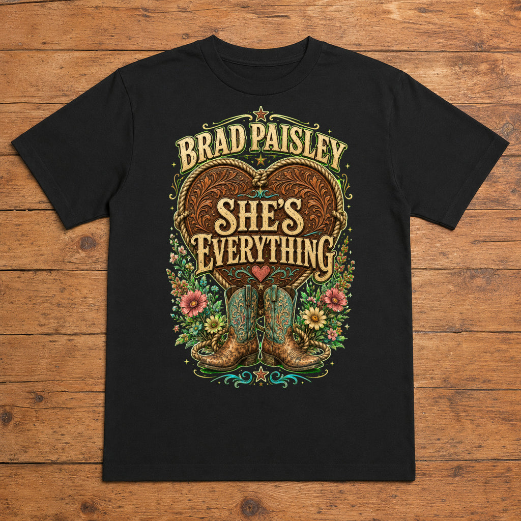Brad Paisley She’s Everything black DTF T-shirt flat lay with large back print