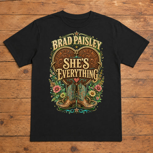 Brad Paisley She’s Everything black DTF T-shirt flat lay with large back print