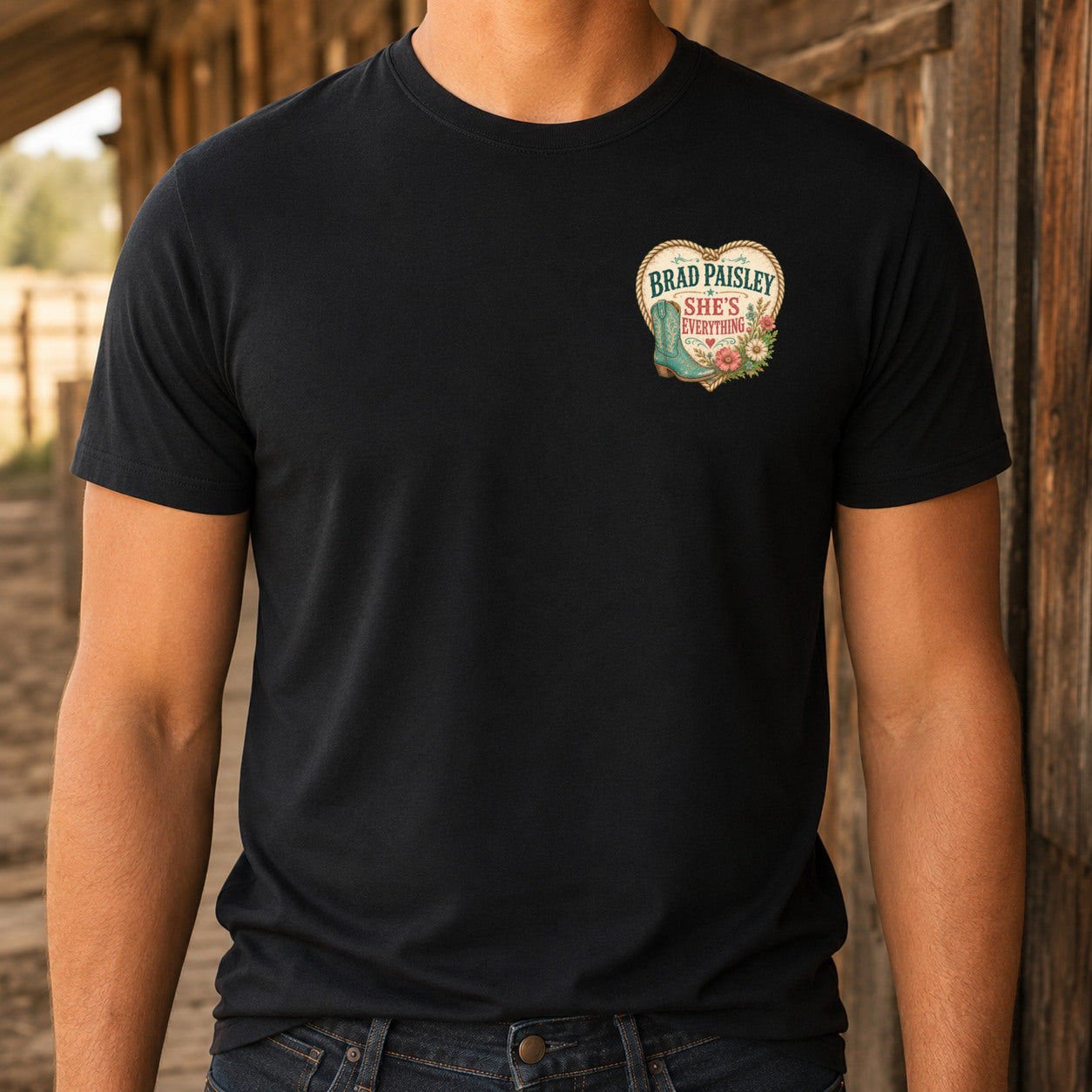Brad Paisley She’s Everything matching front left-chest DTF print close-up