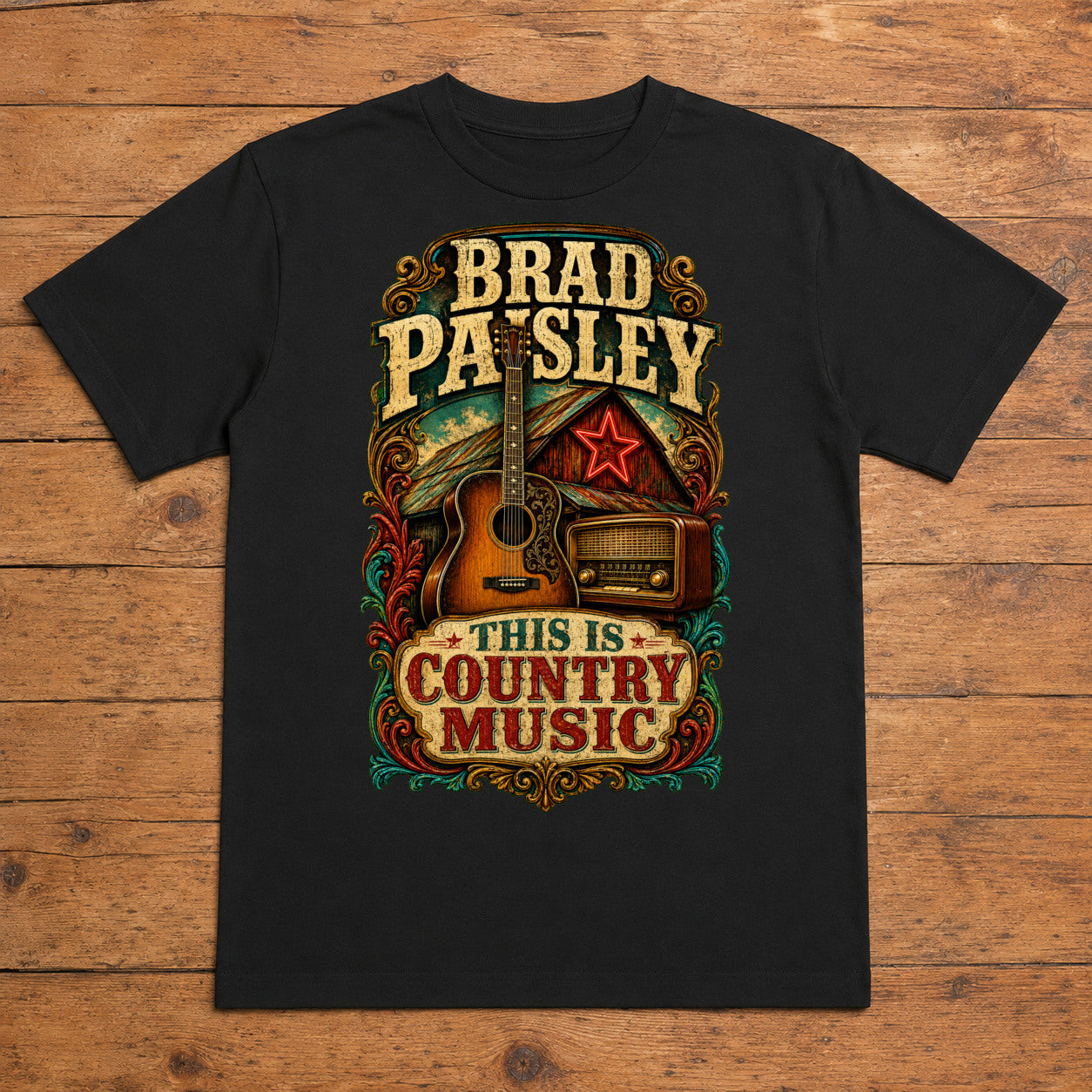 Brad Paisley This Is Country Music black DTF T-shirt flat lay with large back print