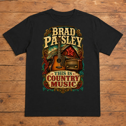 Brad Paisley This Is Country Music black DTF T-shirt flat lay with large back print