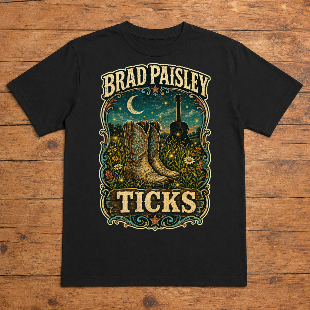 Brad Paisley Ticks black DTF T-shirt flat lay with large back print
