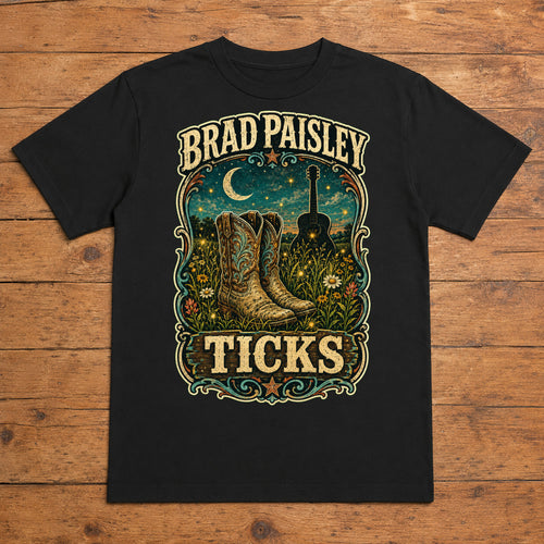 Brad Paisley Ticks black DTF T-shirt flat lay with large back print