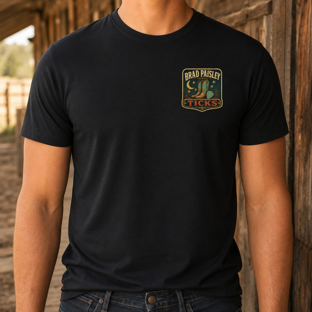 Brad Paisley Ticks matching front left-chest DTF print close-up