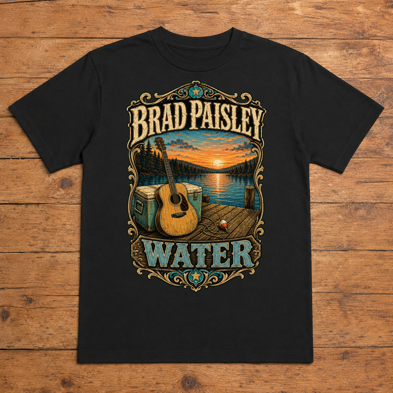Brad Paisley Water black DTF T-shirt flat lay with large back print