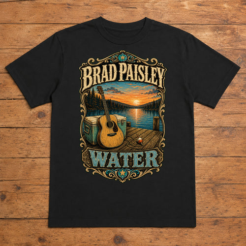 Brad Paisley Water black DTF T-shirt flat lay with large back print