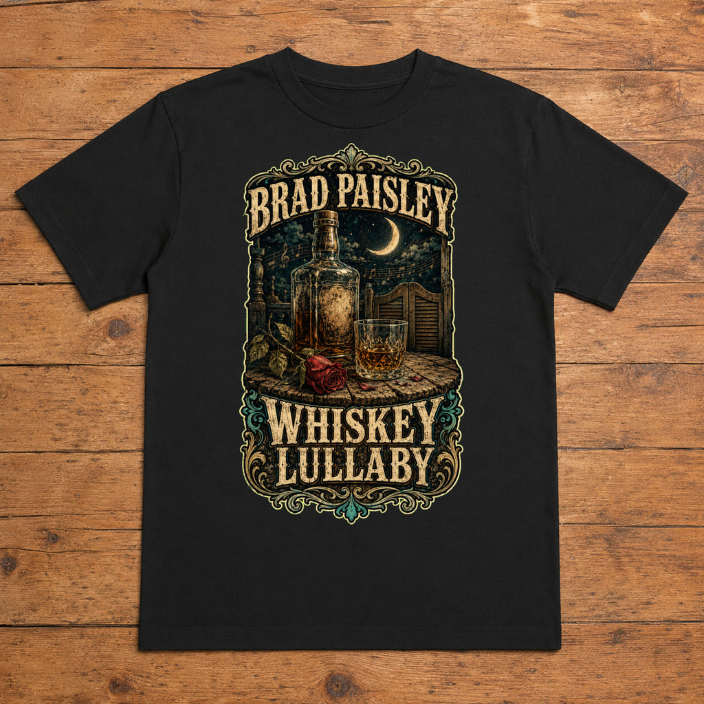 Brad Paisley Whiskey Lullaby black DTF T-shirt flat lay with large back print