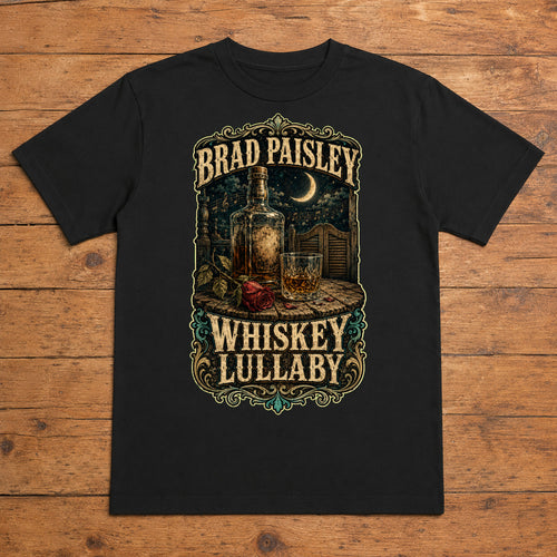 Brad Paisley Whiskey Lullaby black DTF T-shirt flat lay with large back print