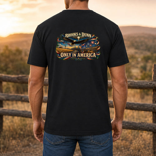 Brooks & Dunn Only in America Premium DTF T-Shirt men’s back fit showing DTF print