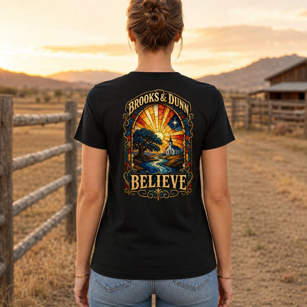 Brooks & Dunn Believe Premium DTF T-Shirt women’s back fit showing centred DTF print