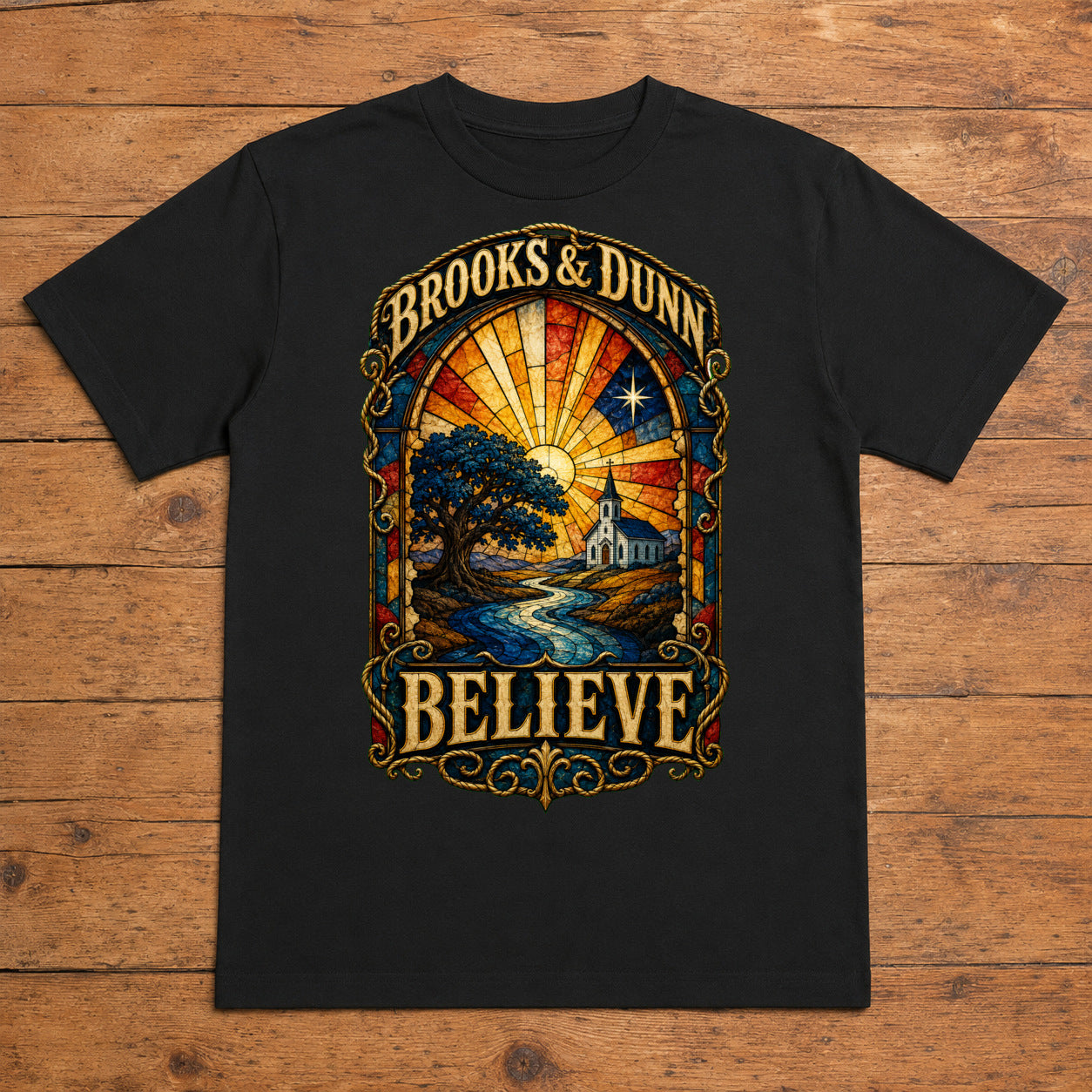 Brooks & Dunn Believe Premium DTF T-Shirt flat lay showing large back print