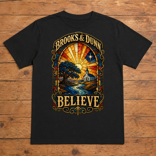 Brooks & Dunn Believe Premium DTF T-Shirt flat lay showing large back print