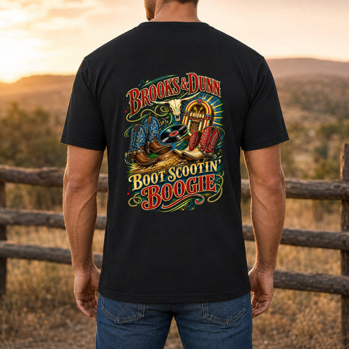 Brooks & Dunn Boot Scootin’ Boogie Premium DTF T-Shirt men’s back fit showing DTF print