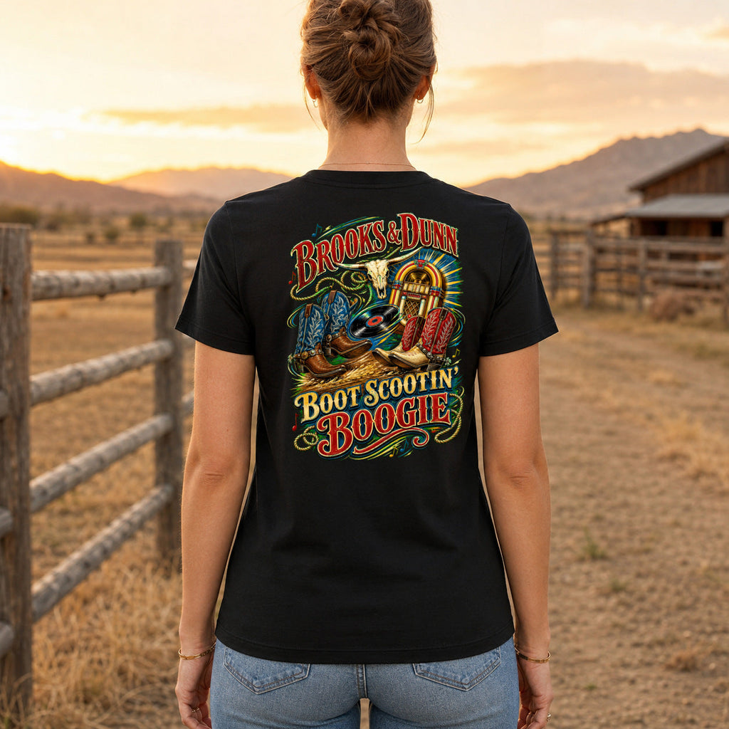 Brooks & Dunn Boot Scootin’ Boogie Premium DTF T-Shirt women’s back fit showing centred DTF print