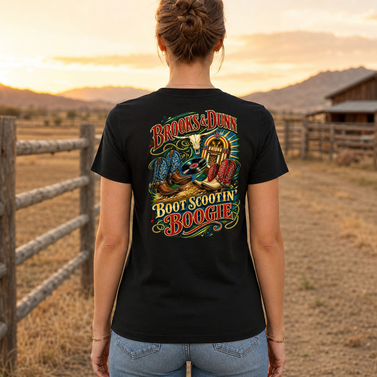 Brooks & Dunn Boot Scootin’ Boogie Premium DTF T-Shirt women’s back fit showing centred DTF print