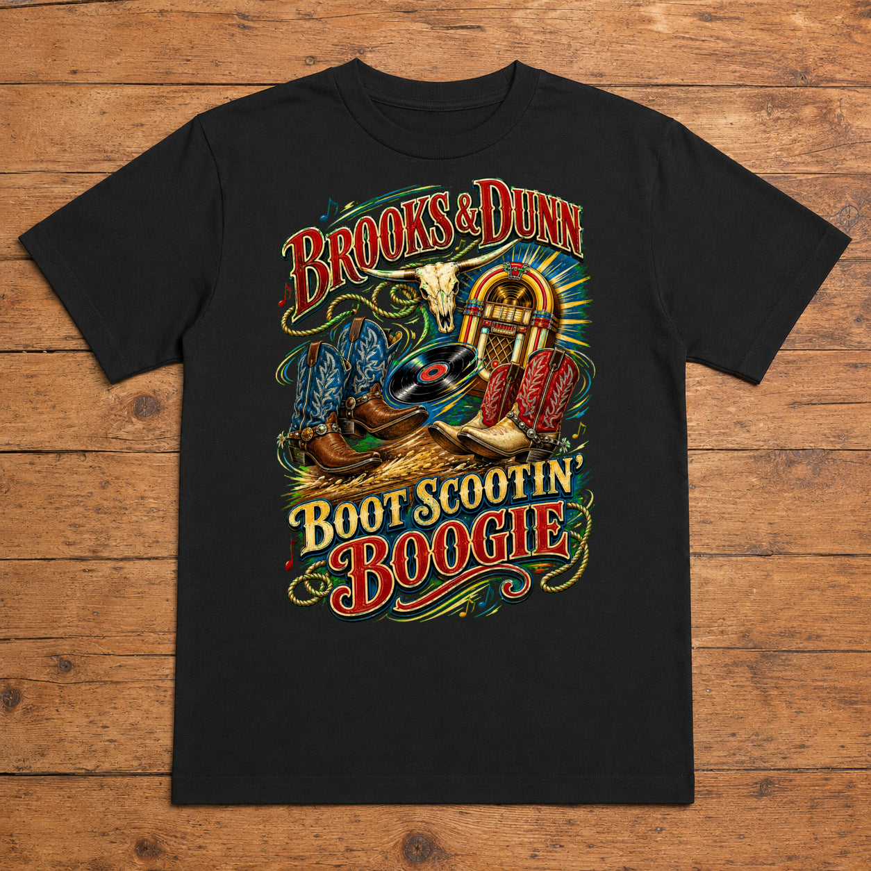 Brooks & Dunn Boot Scootin’ Boogie Premium DTF T-Shirt flat lay showing large back print