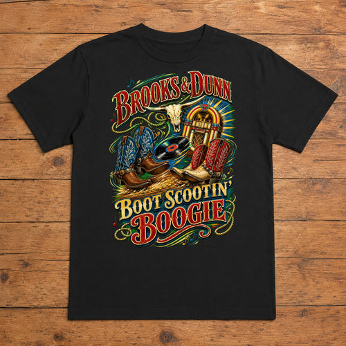 Brooks & Dunn Boot Scootin’ Boogie Premium DTF T-Shirt flat lay showing large back print
