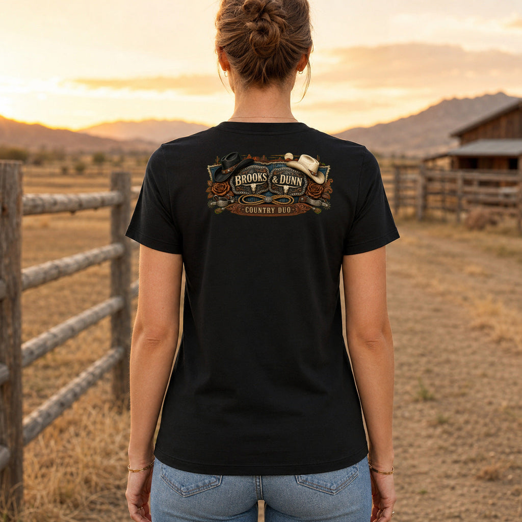 Brooks & Dunn Born This Legacy Premium DTF T-Shirt women’s back fit showing centred DTF print