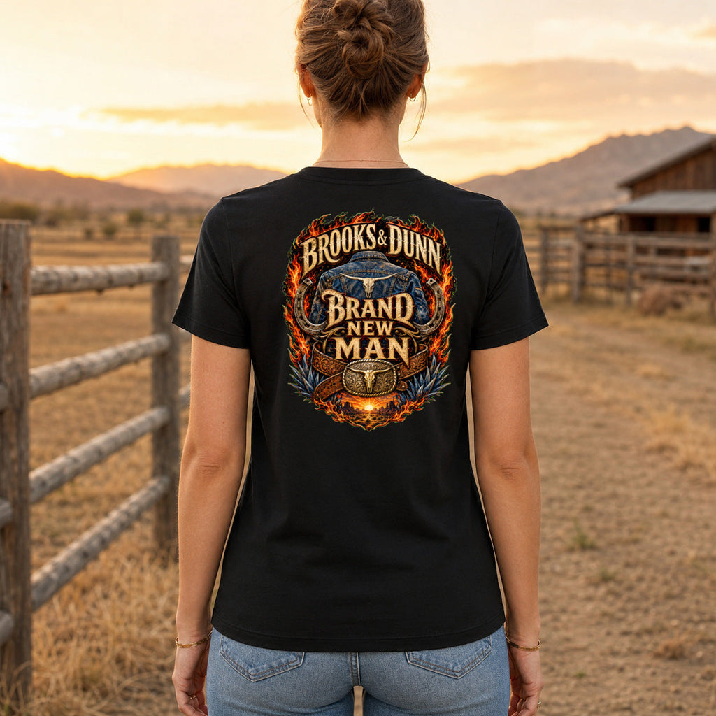 Brooks & Dunn Brand New Man Premium DTF T-Shirt women’s back fit showing centred DTF print
