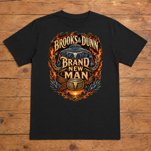 Brooks & Dunn Brand New Man Premium DTF T-Shirt flat lay showing large back print