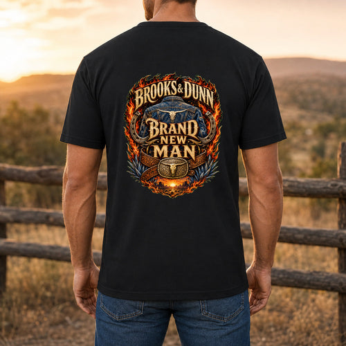 Brooks & Dunn Brand New Man Premium DTF T-Shirt men’s back fit showing DTF print