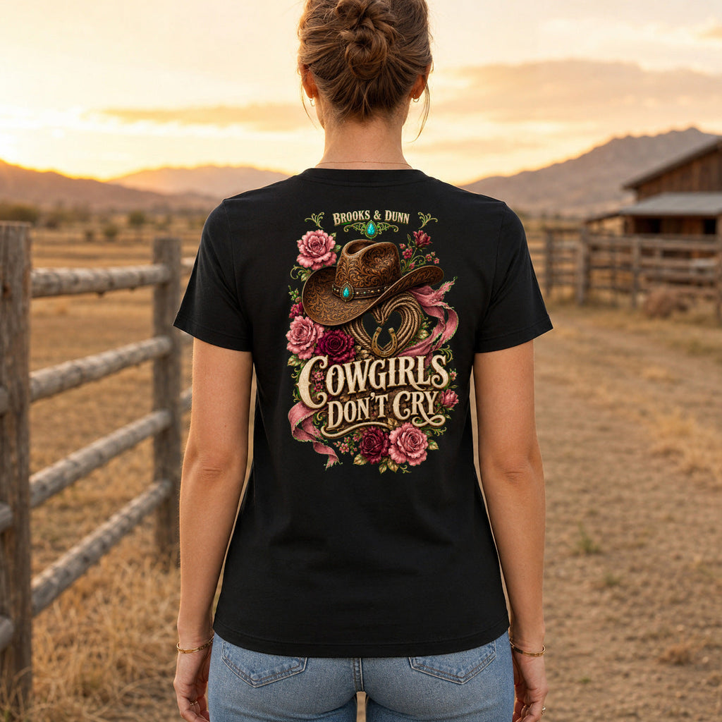 Brooks & Dunn Cowgirls Don’t Cry Premium DTF T-Shirt women’s back fit showing centred DTF print