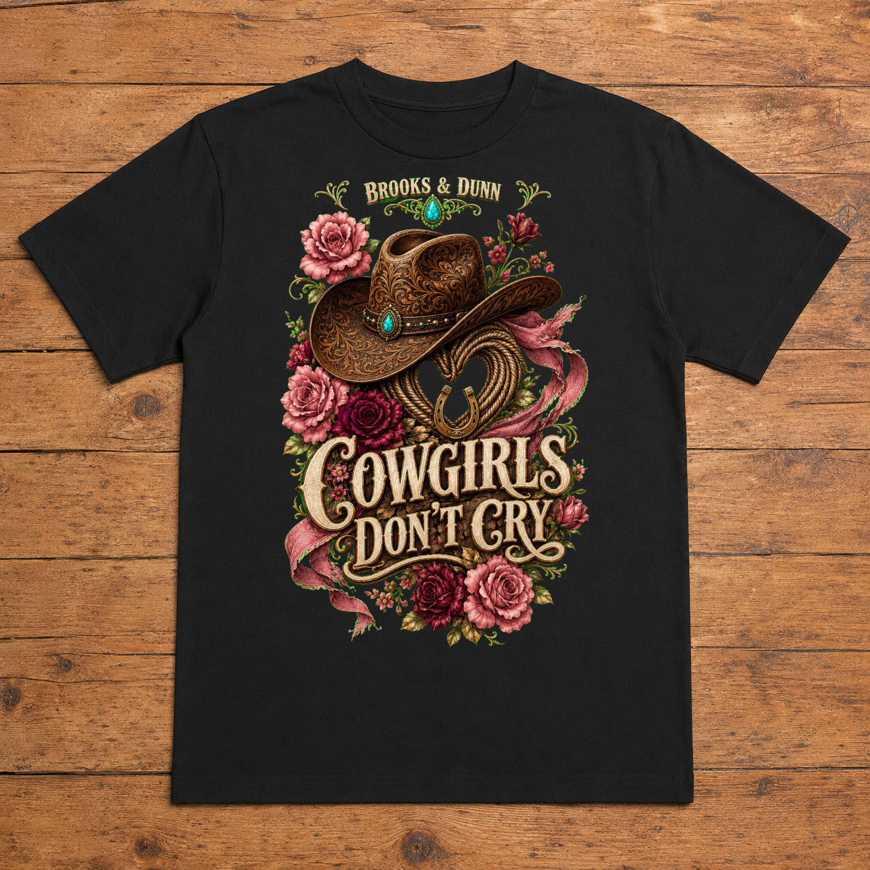 Brooks & Dunn Cowgirls Don’t Cry Premium DTF T-Shirt flat lay showing large back print
