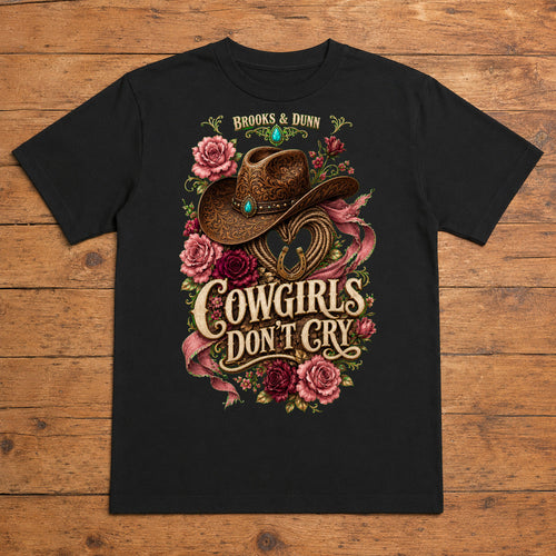 Brooks & Dunn Cowgirls Don’t Cry Premium DTF T-Shirt flat lay showing large back print