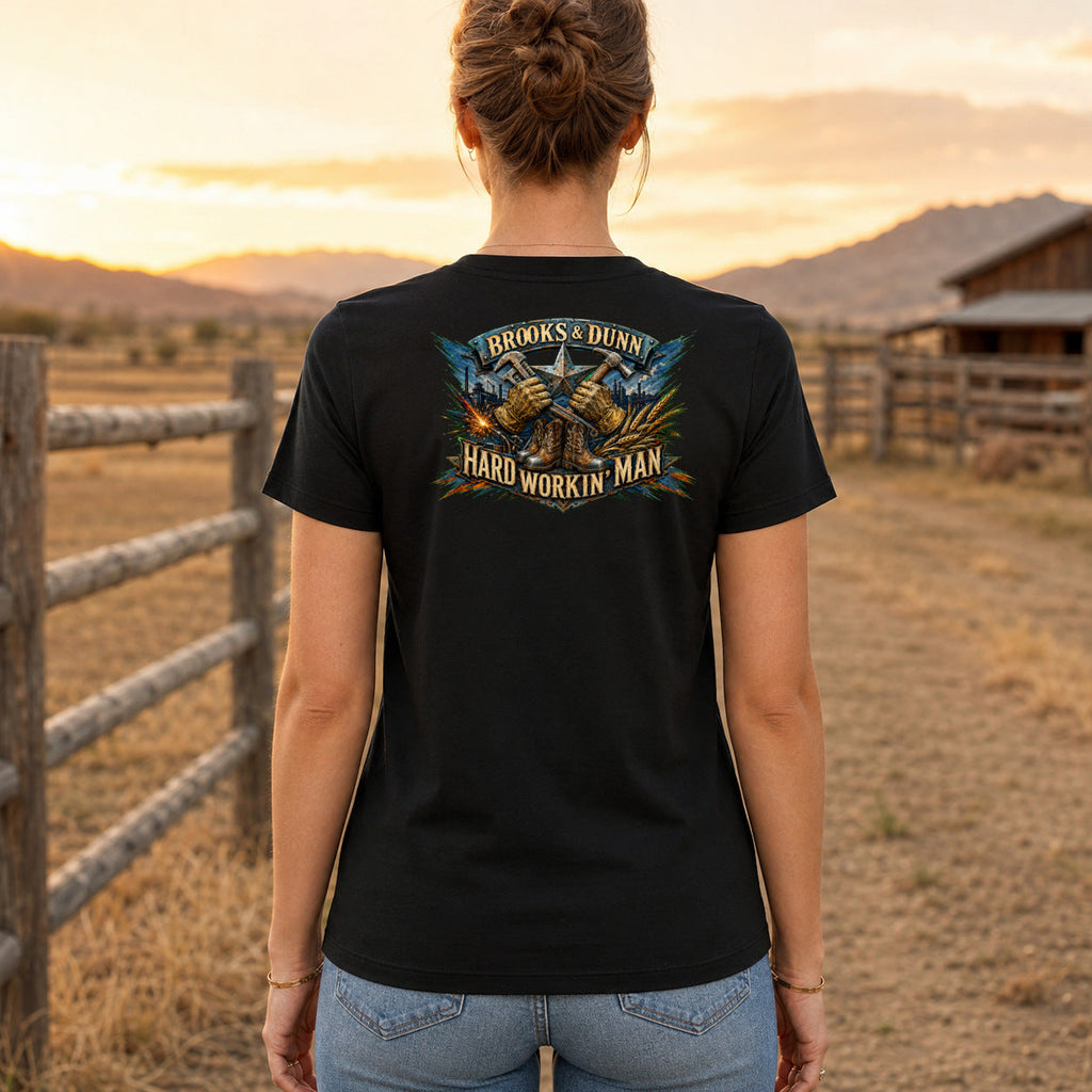 Brooks & Dunn Hard Workin’ Man Premium DTF T-Shirt women’s back fit showing centred DTF print