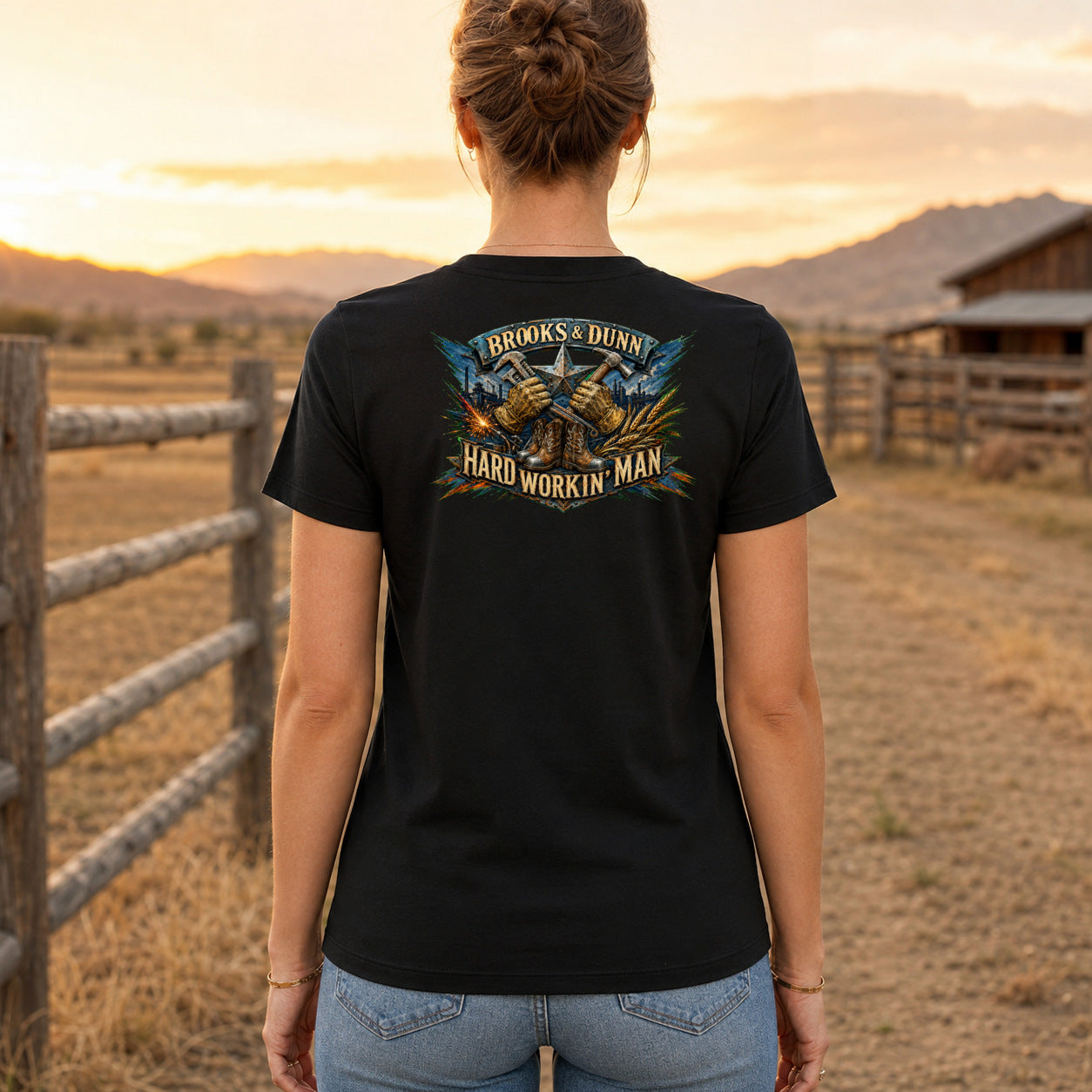 Brooks & Dunn Hard Workin’ Man Premium DTF T-Shirt women’s back fit showing centred DTF print