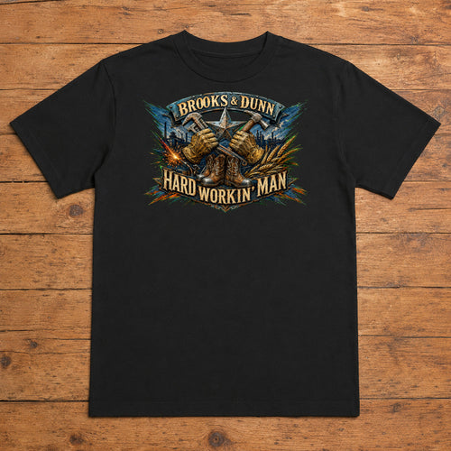 Brooks & Dunn Hard Workin’ Man Premium DTF T-Shirt flat lay showing large back print