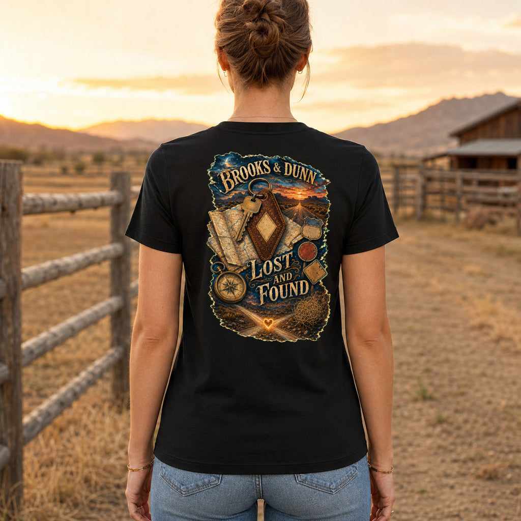 Brooks & Dunn Lost and Found Premium DTF T-Shirt women’s back fit showing centred DTF print