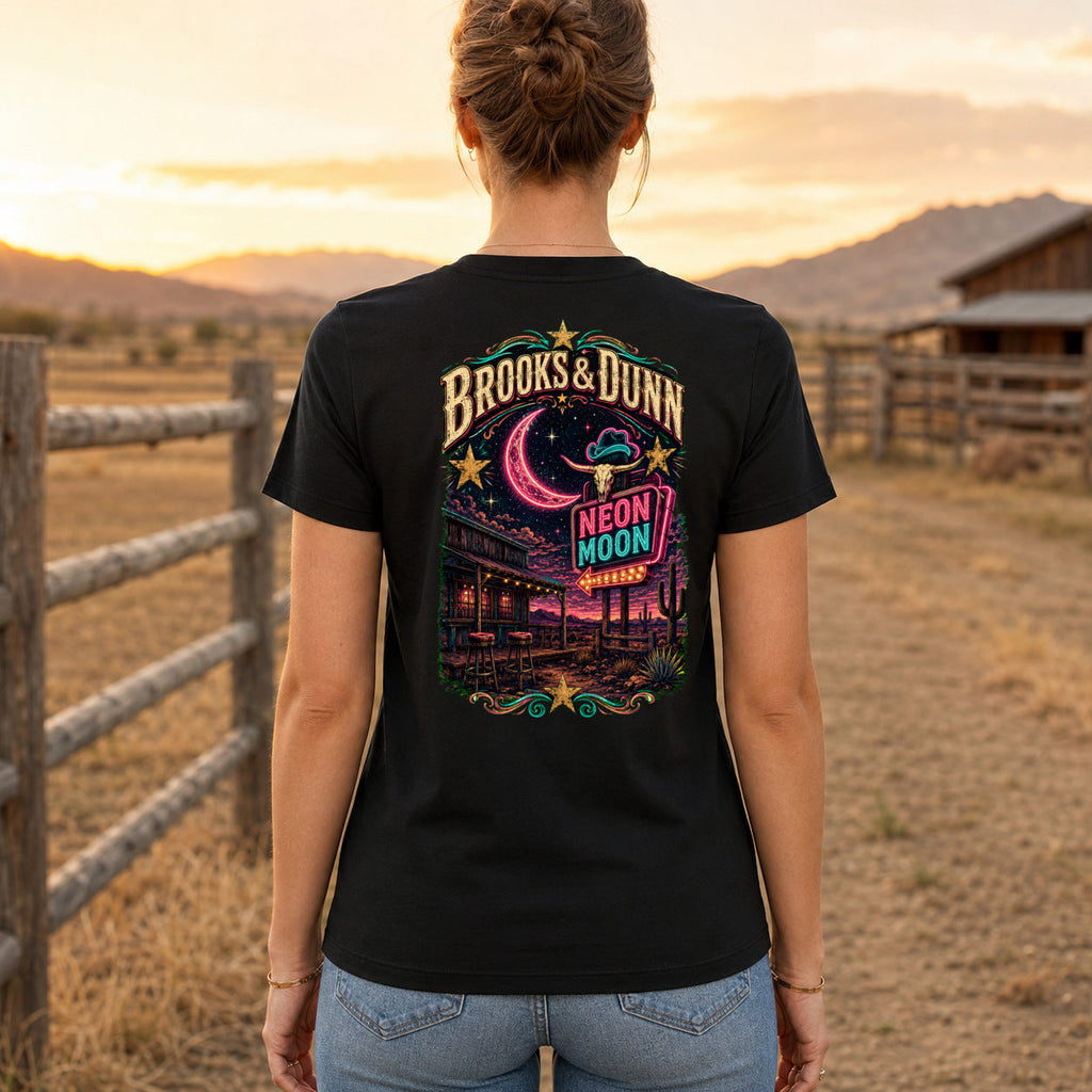 Brooks & Dunn Neon Moon Premium DTF T-Shirt women’s back fit showing centred DTF print