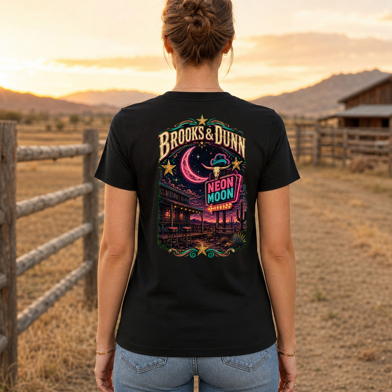 Brooks & Dunn Neon Moon Premium DTF T-Shirt women’s back fit showing centred DTF print