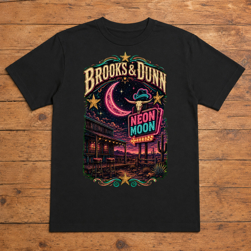 Brooks & Dunn Neon Moon Premium DTF T-Shirt flat lay showing large back print