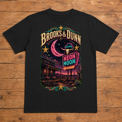 Brooks & Dunn Neon Moon Premium DTF T-Shirt flat lay showing large back print