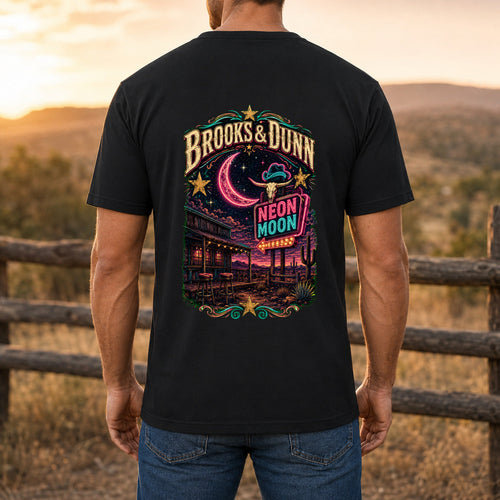 Brooks & Dunn Neon Moon Premium DTF T-Shirt men’s back fit showing DTF print
