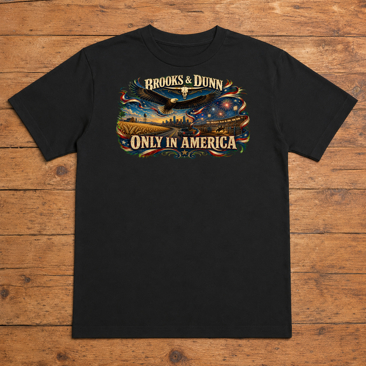 Brooks & Dunn Only in America Premium DTF T-Shirt flat lay showing large back print