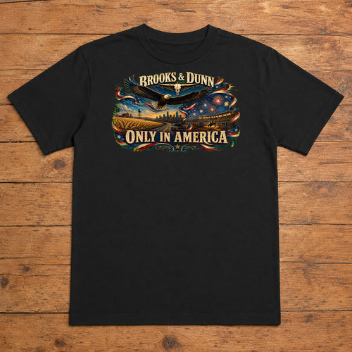 Brooks & Dunn Only in America Premium DTF T-Shirt flat lay showing large back print